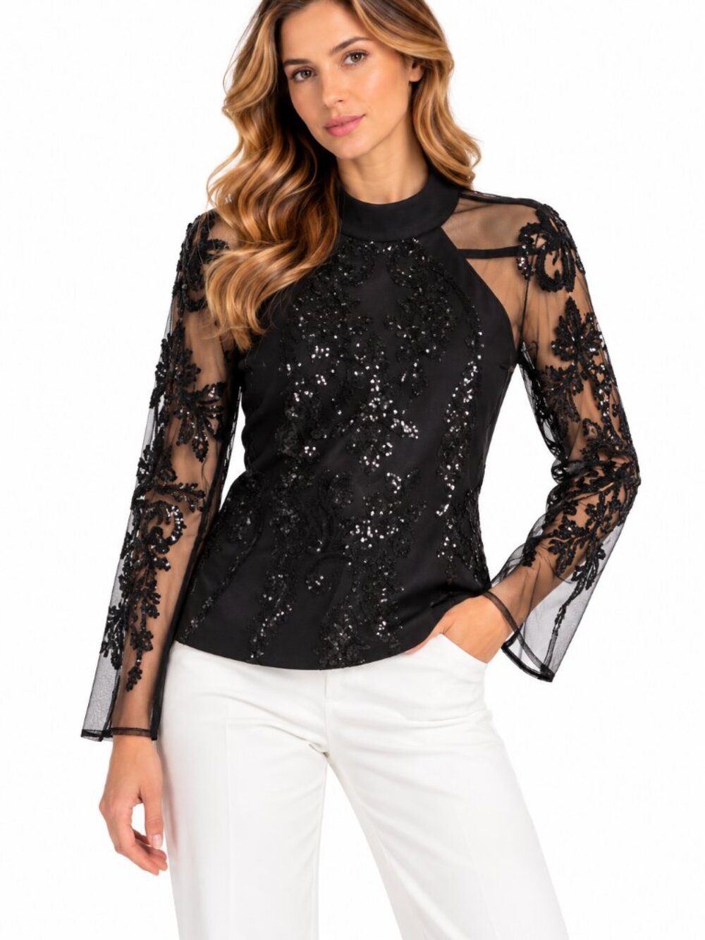 INC International Concepts Black Sequin Mesh Sleeve Top XL